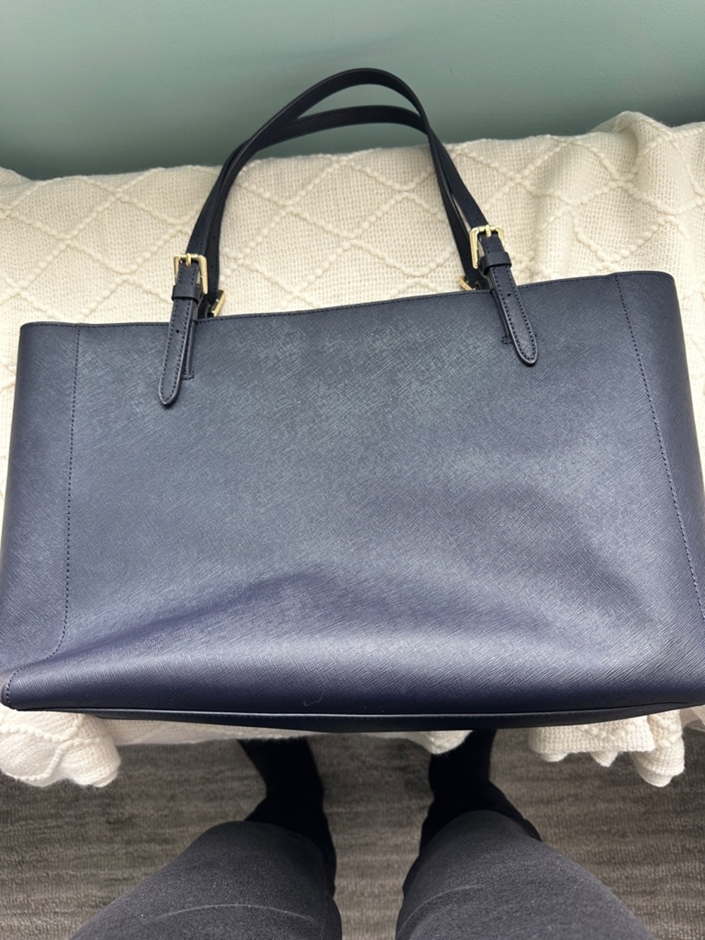 Tory Burch Navy Saffiano Leather Tote with Gold Logo - Picture 3 of 11